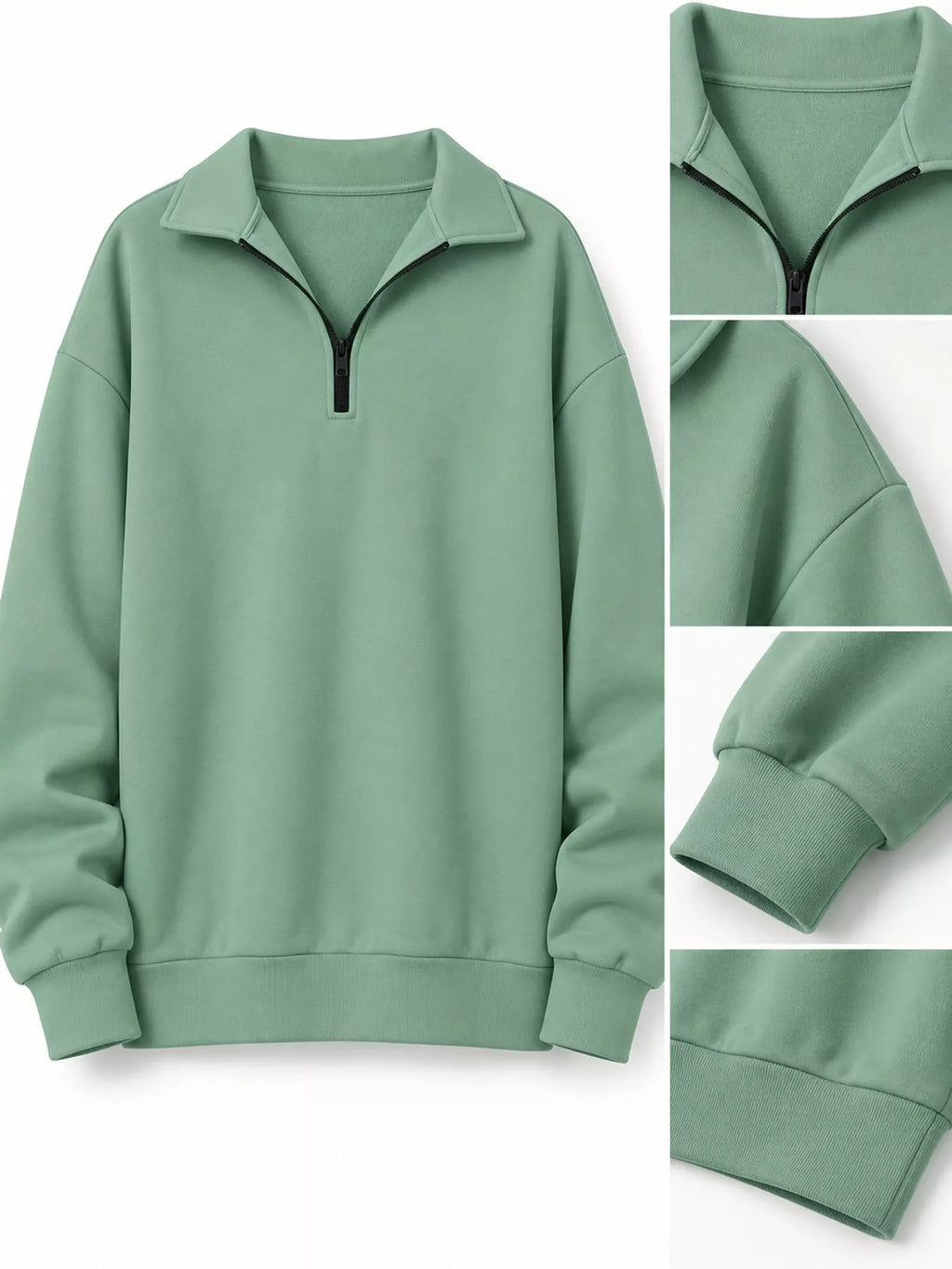 Sage green quarter-Zip Dropped Shoulder Sweatshirt — detail view