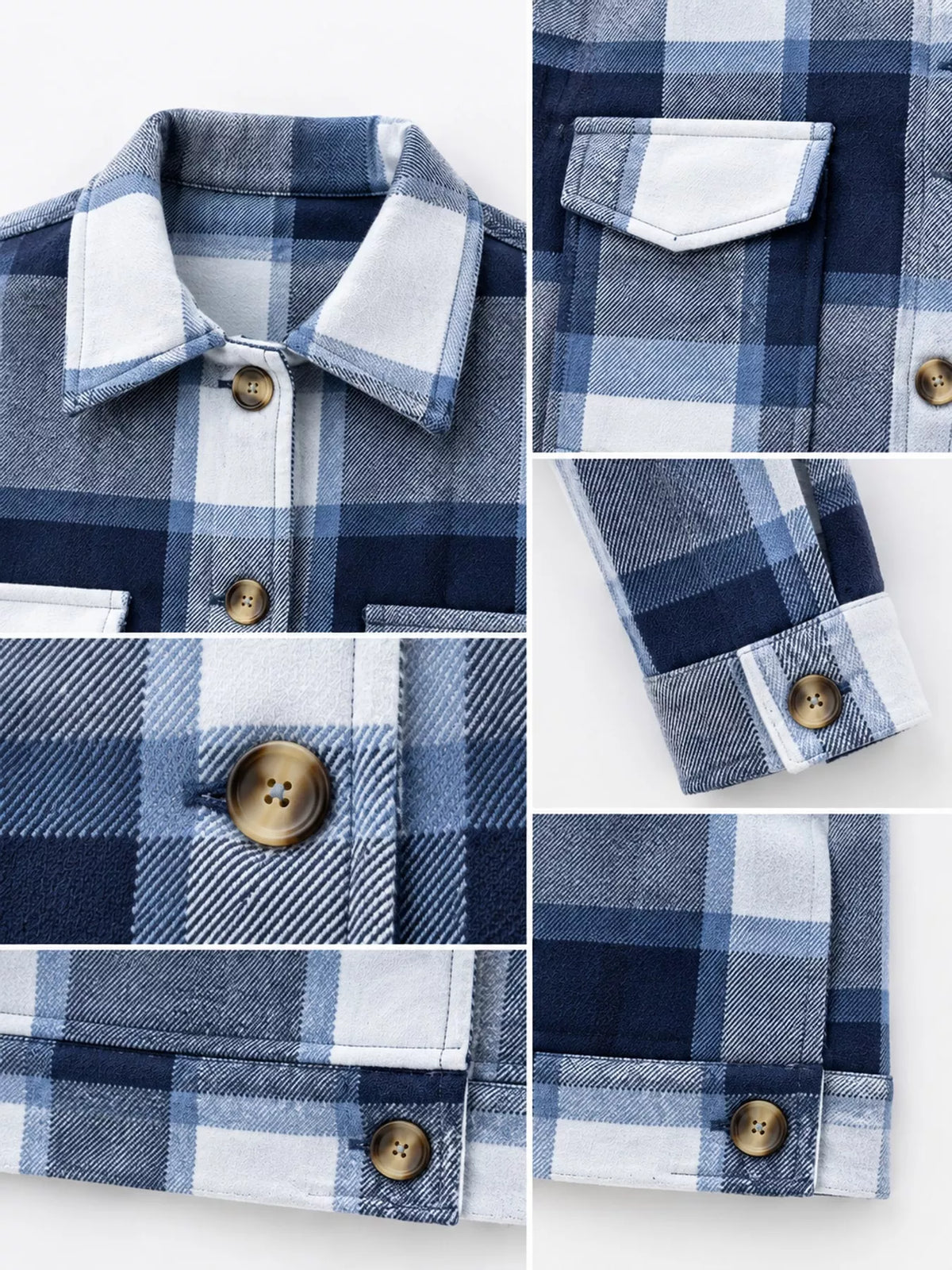 Collage of the navy color-block plaid jacket's collar, chest pocket, buttons and cuff.