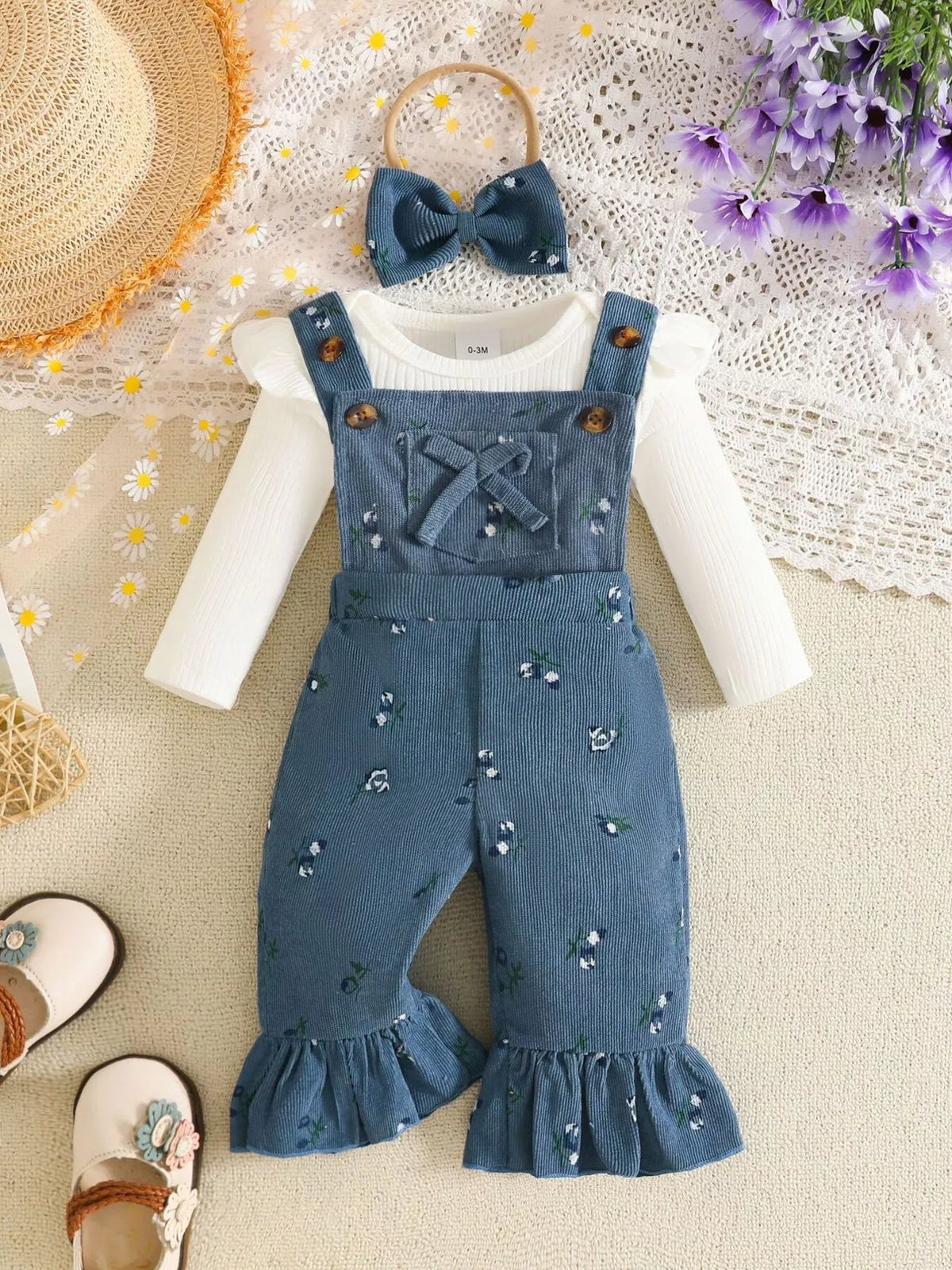 White ribbed baby bodysuit with blue bow-accented overalls and matching headband displayed flat