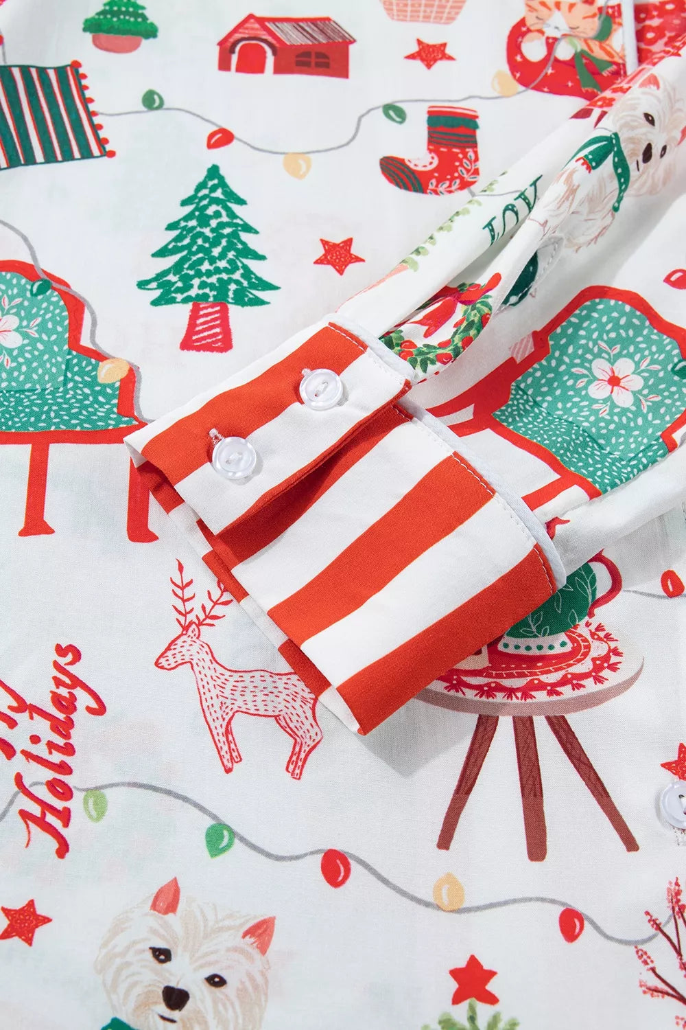 White striped Holiday Long Sleeve Two Piece Shift Home Wear Lounge Set — detail view