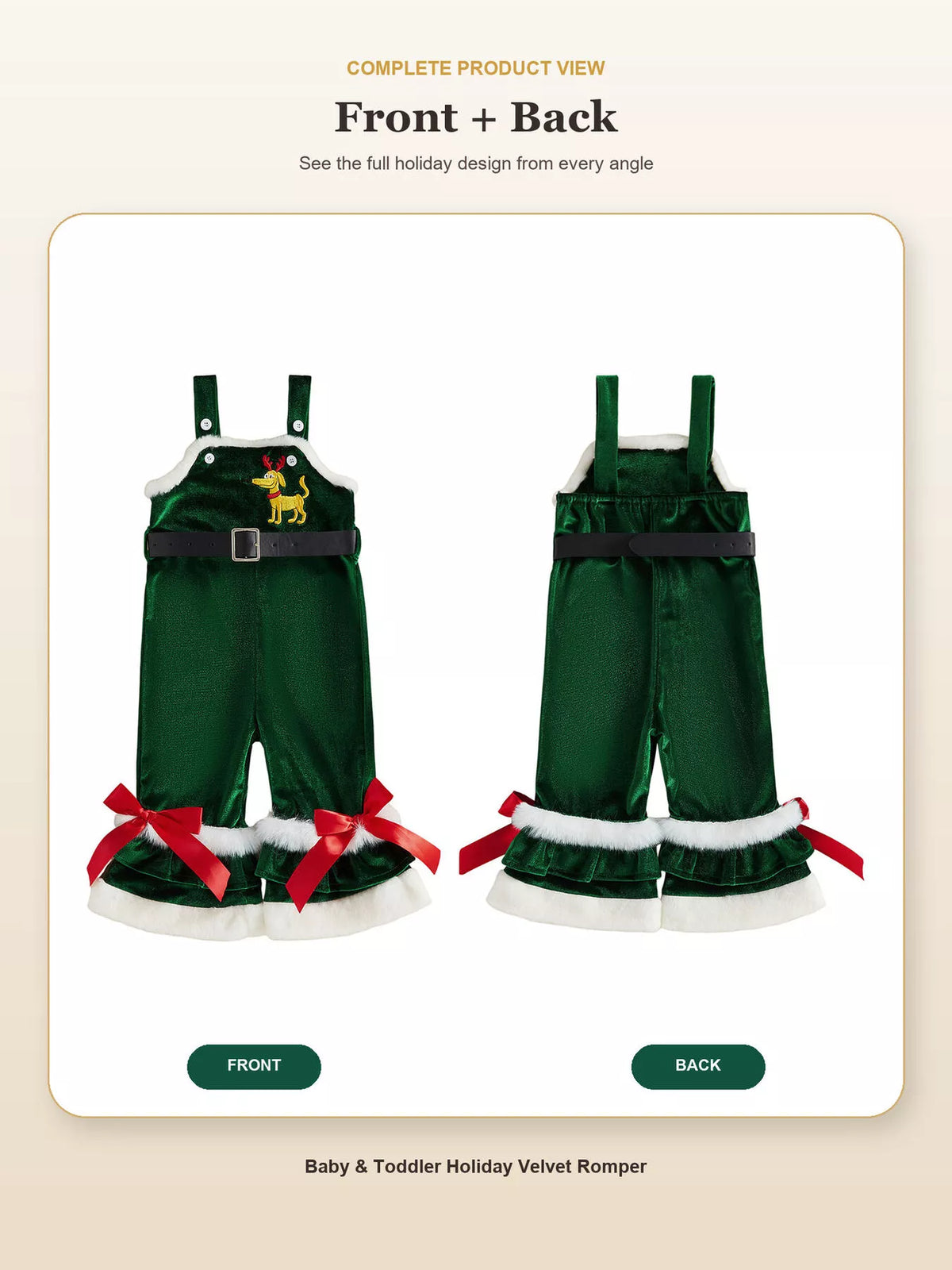 Front and back views of green Santa Baby overalls with red bows and white trim.