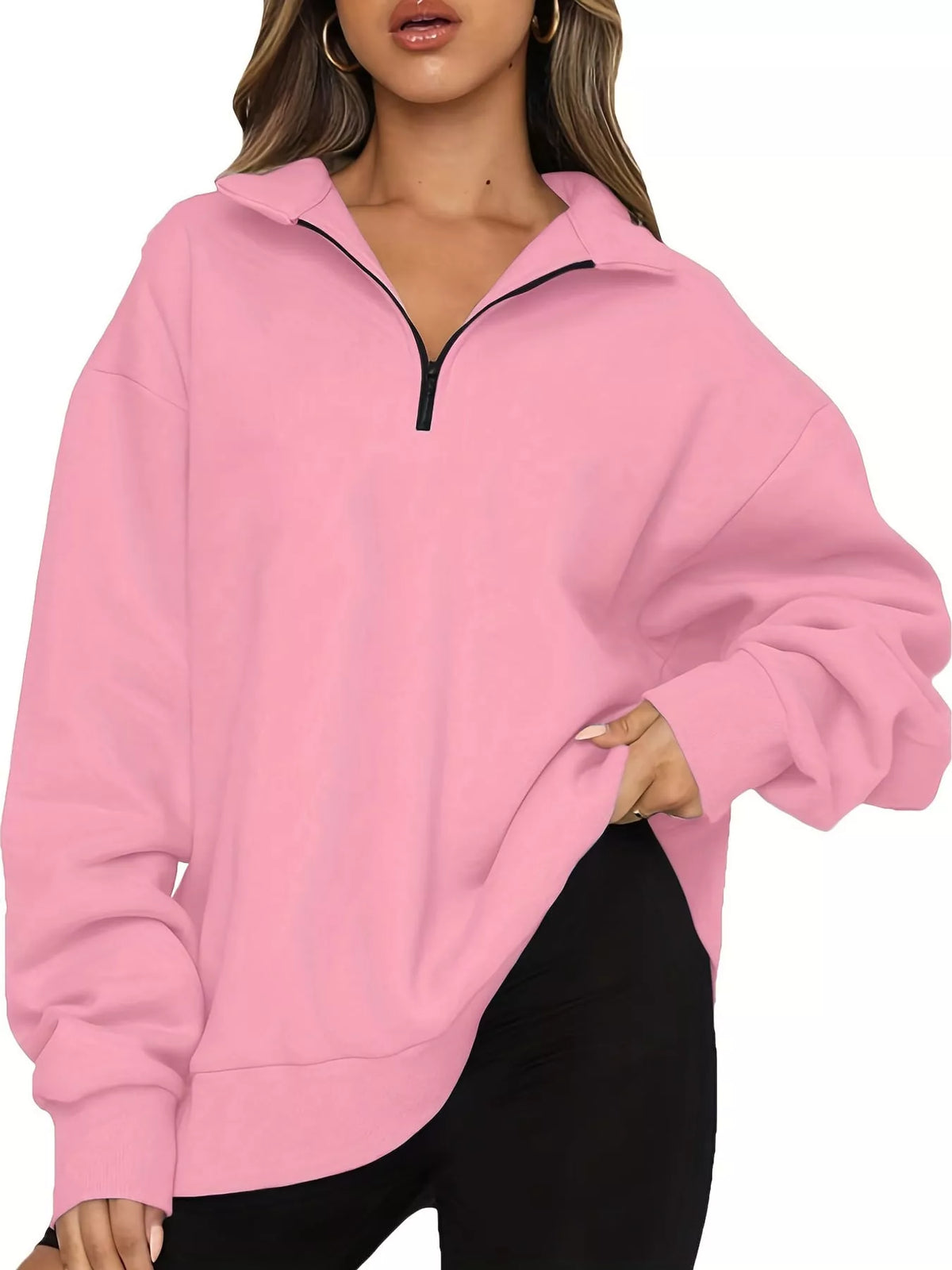 Pink quarter-Zip Dropped Shoulder Sweatshirt