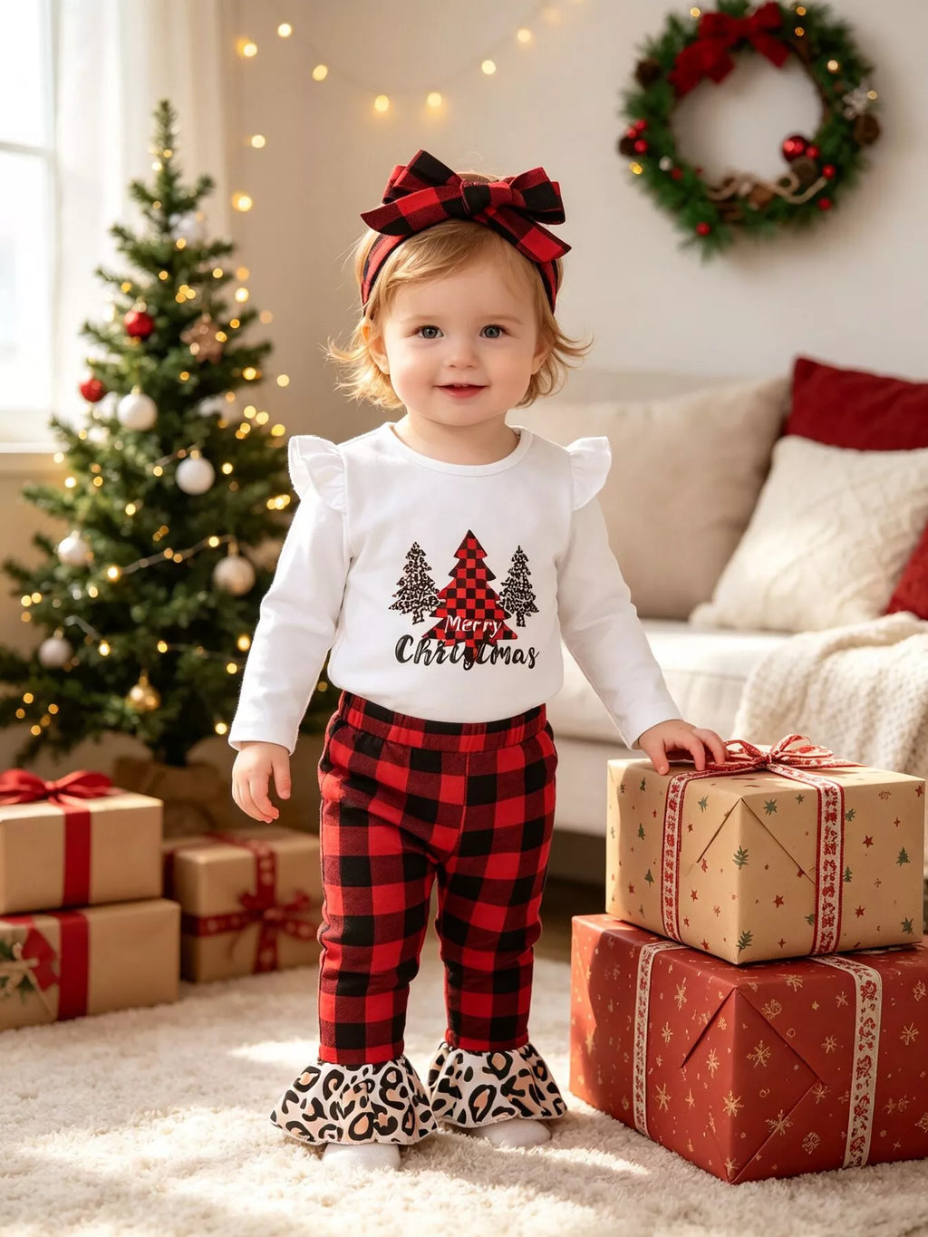 Toddler wearing a white Christmas tree graphic top, red plaid pants and plaid headband.