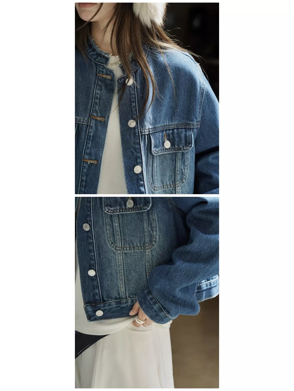 Collage showing the blue denim jacket's neckline, chest pocket and cuff.