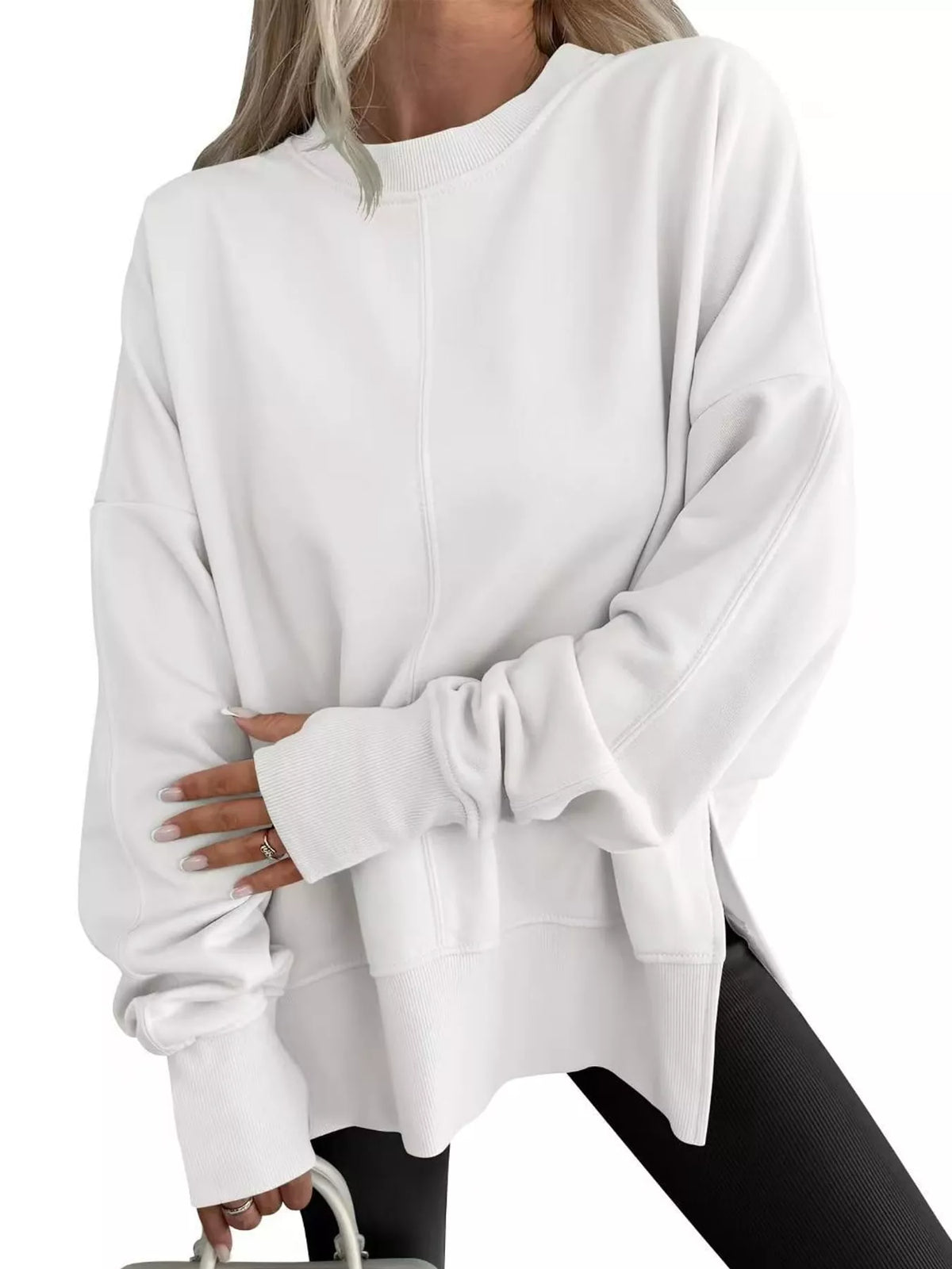 White oversized Crew Neck Sweatshirt with Side Slit