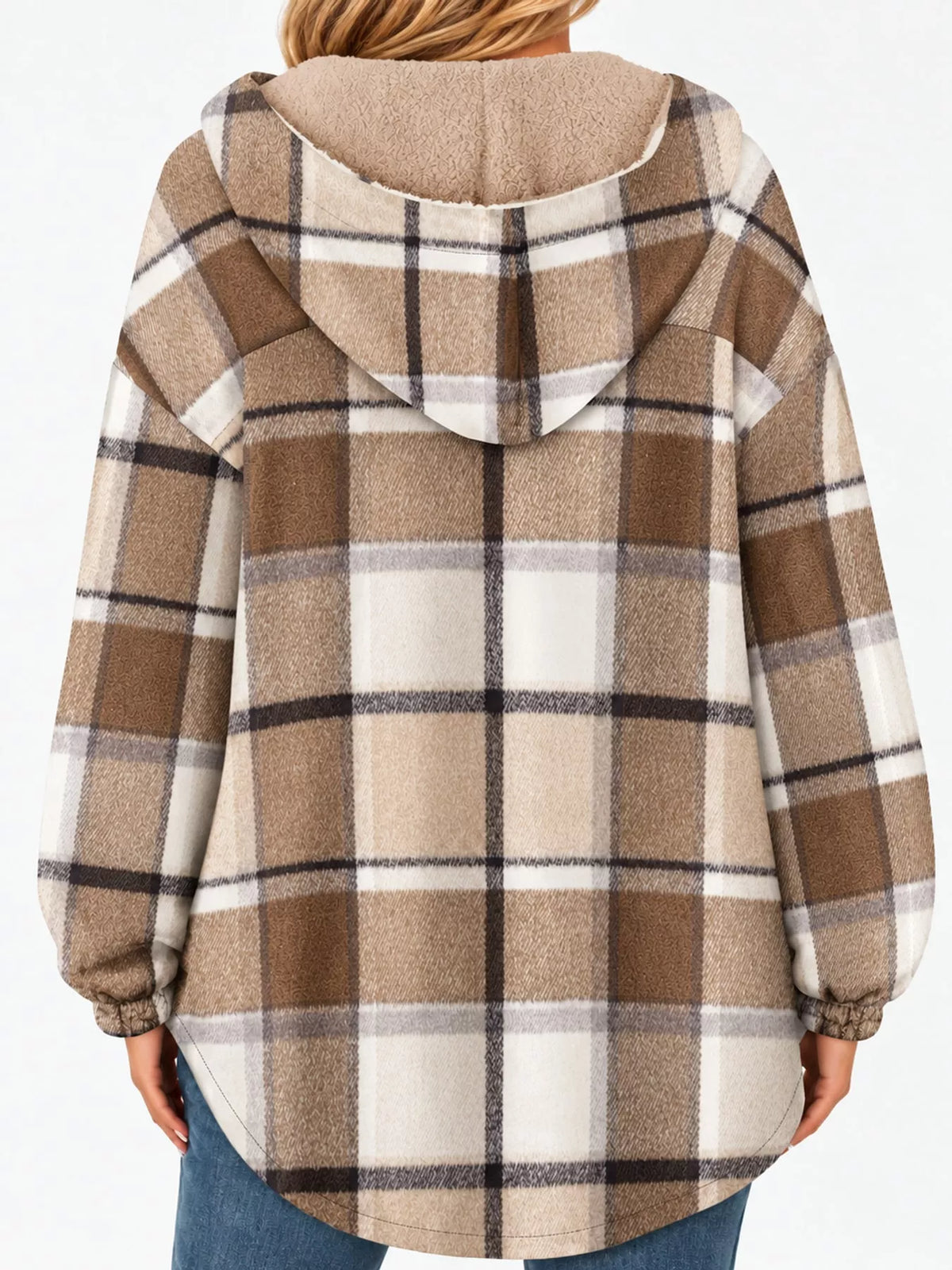 Back view of the khaki plaid jacket and hood.
