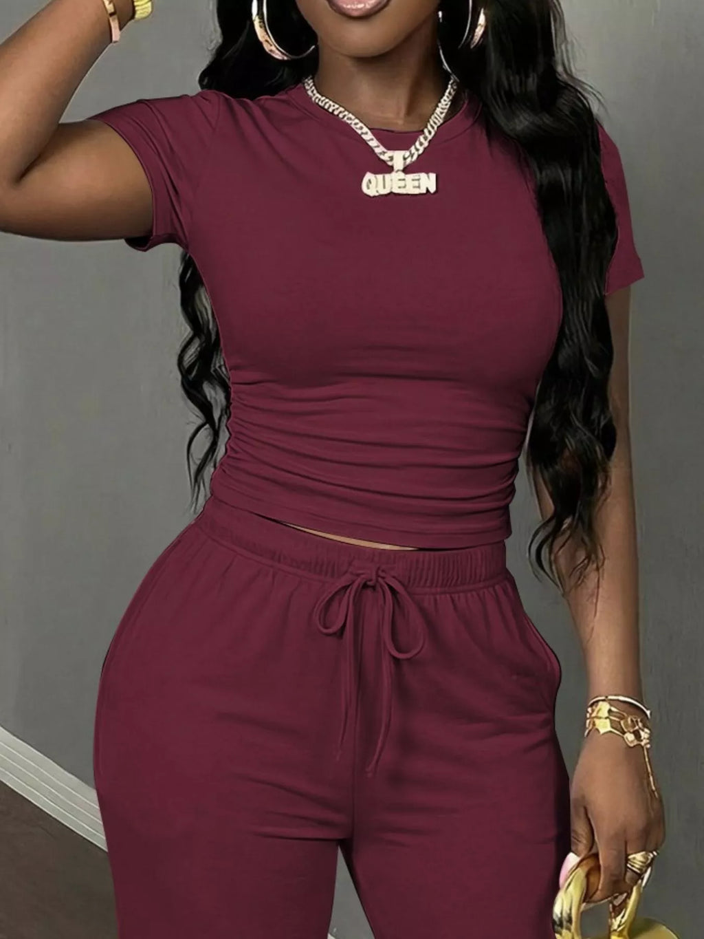 Burgundy short Sleeve Top and Wide Leg Pants Set — detail view