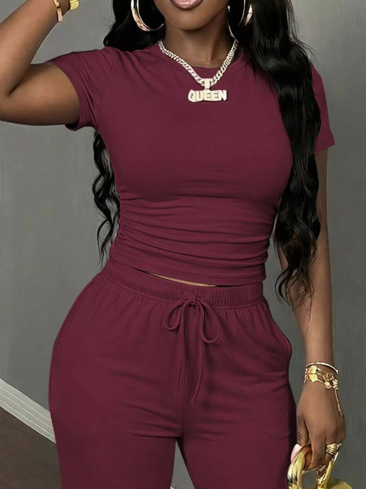 Burgundy short Sleeve Top and Wide Leg Pants Set — detail view