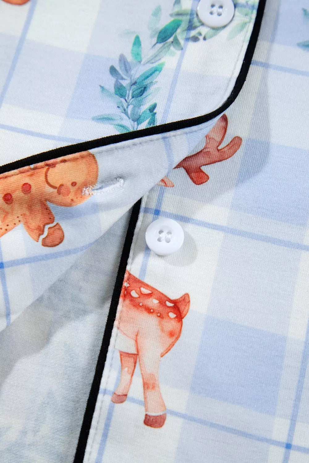 Light blue plaid Cartoon Christmas Pattern Shirt Top 2pcs Pajama Set — detail view