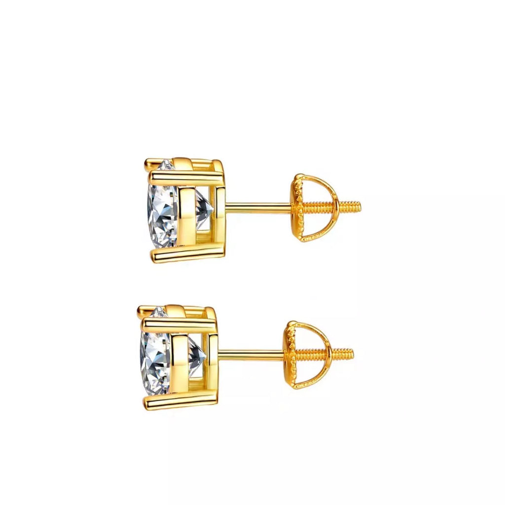 Gold-tone stud earrings with round clear stones — detail view