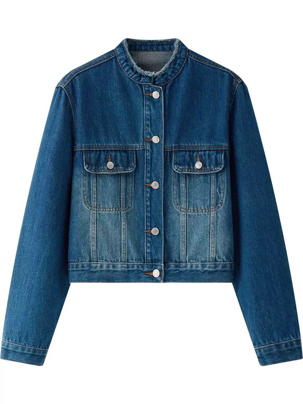 Blue round-neck cropped denim jacket displayed on a hanger.