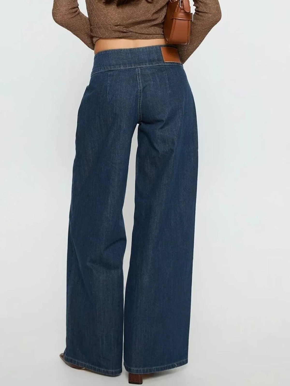 Dark blue high-Waisted Wide-Leg Jeans with Zippered Pockets — back view