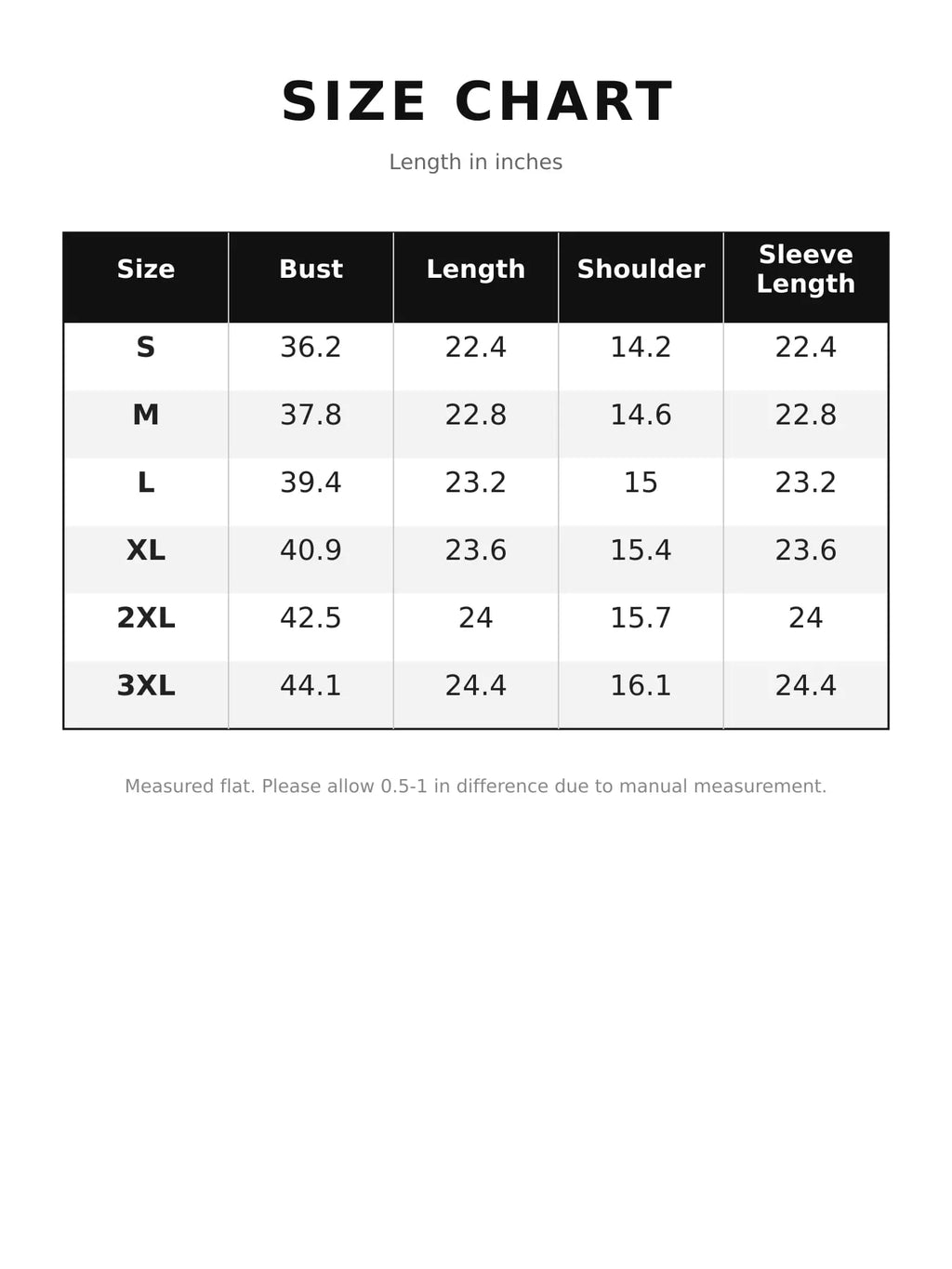 Size chart for the ruffle-trim open-front jacket, with measurements in inches.