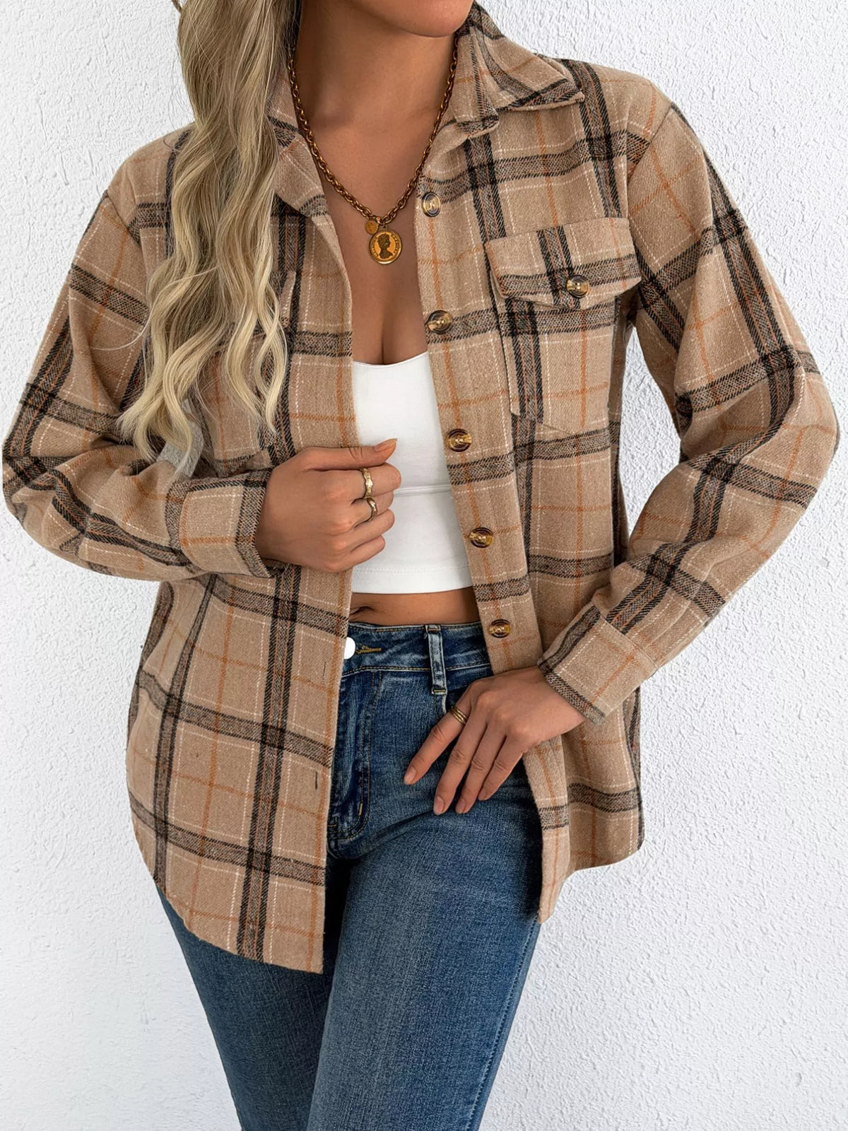 Camel plaid button-down shacket with chest pockets, front view.