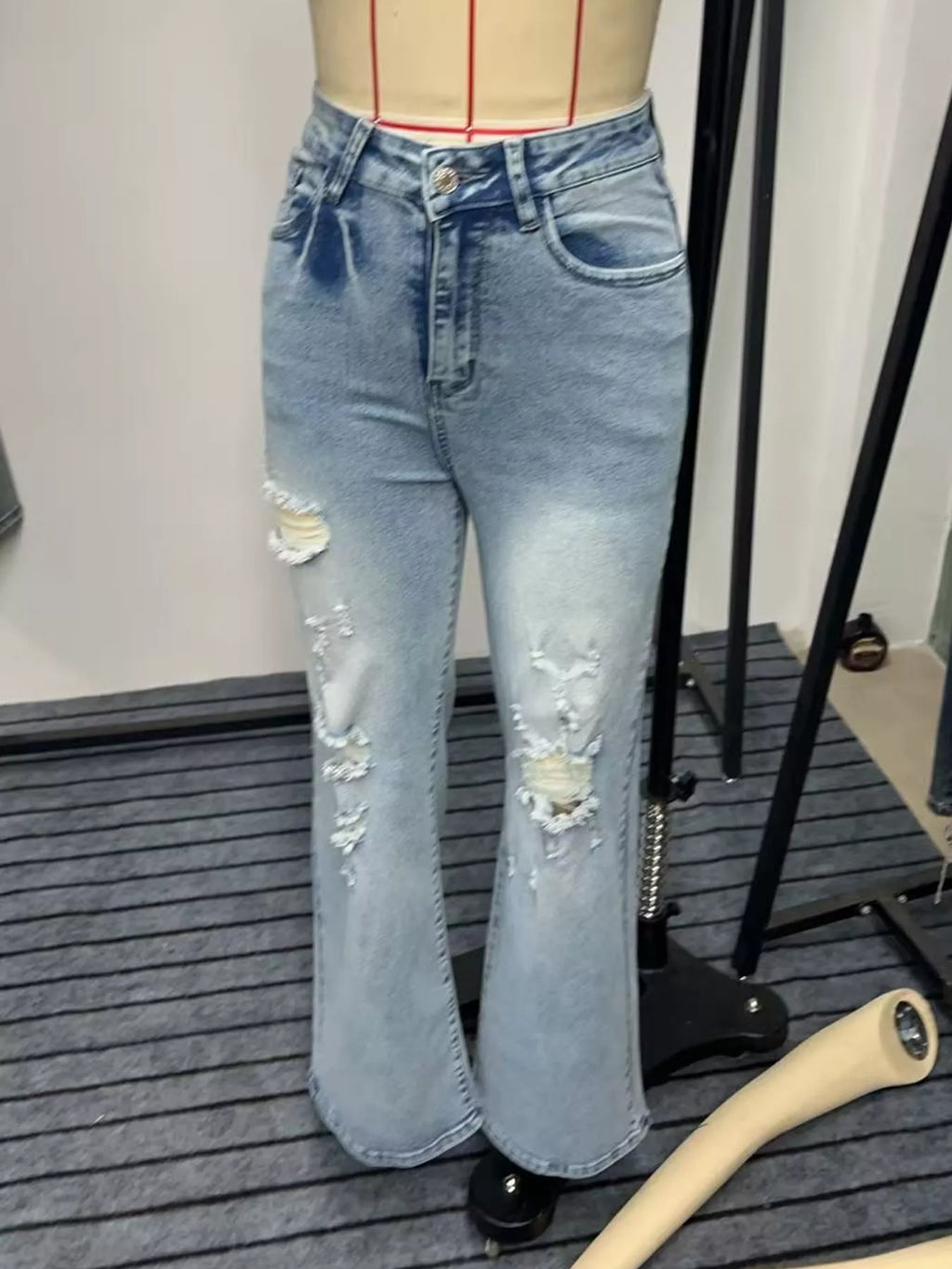 Light blue high-Waisted Distressed Wide-Leg Jeans