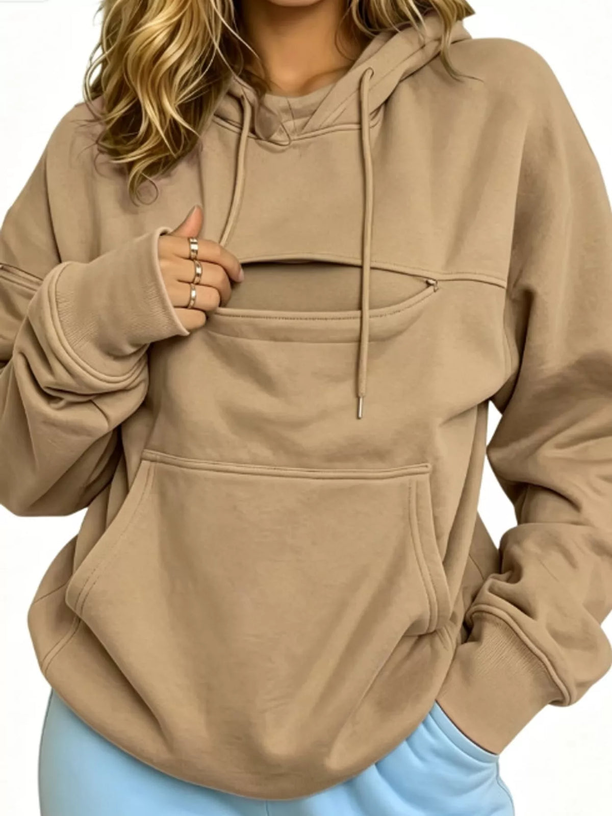 Tan cat Pouch Drawstring Hoodie