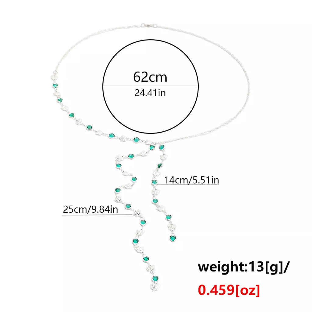 Measurements diagram for long silver-tone lariat necklace with butterfly charms and green accents