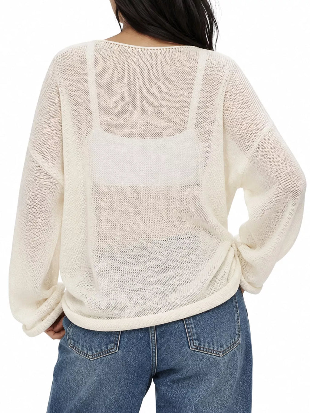 Cream sheer Lightweight Knit Top — back view