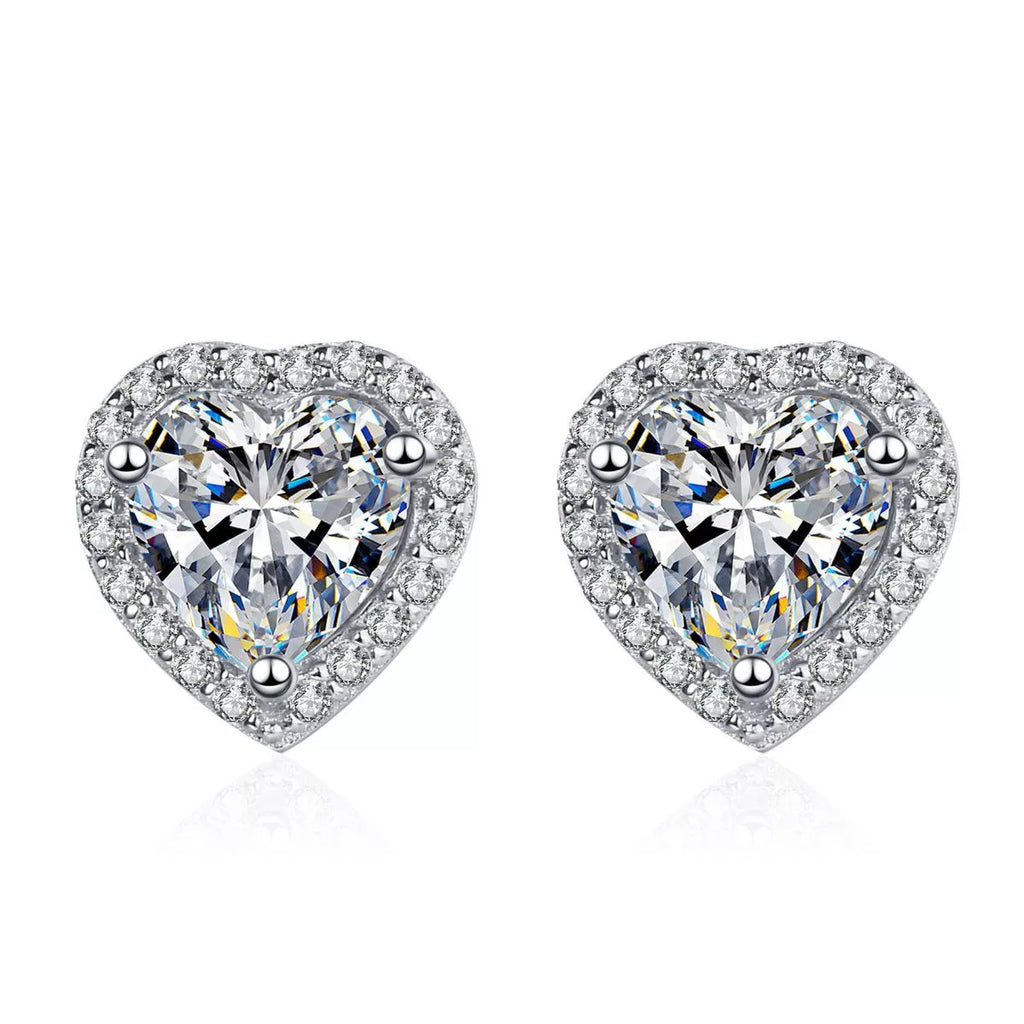 Heart-shaped clear stone halo stud earrings — detail view