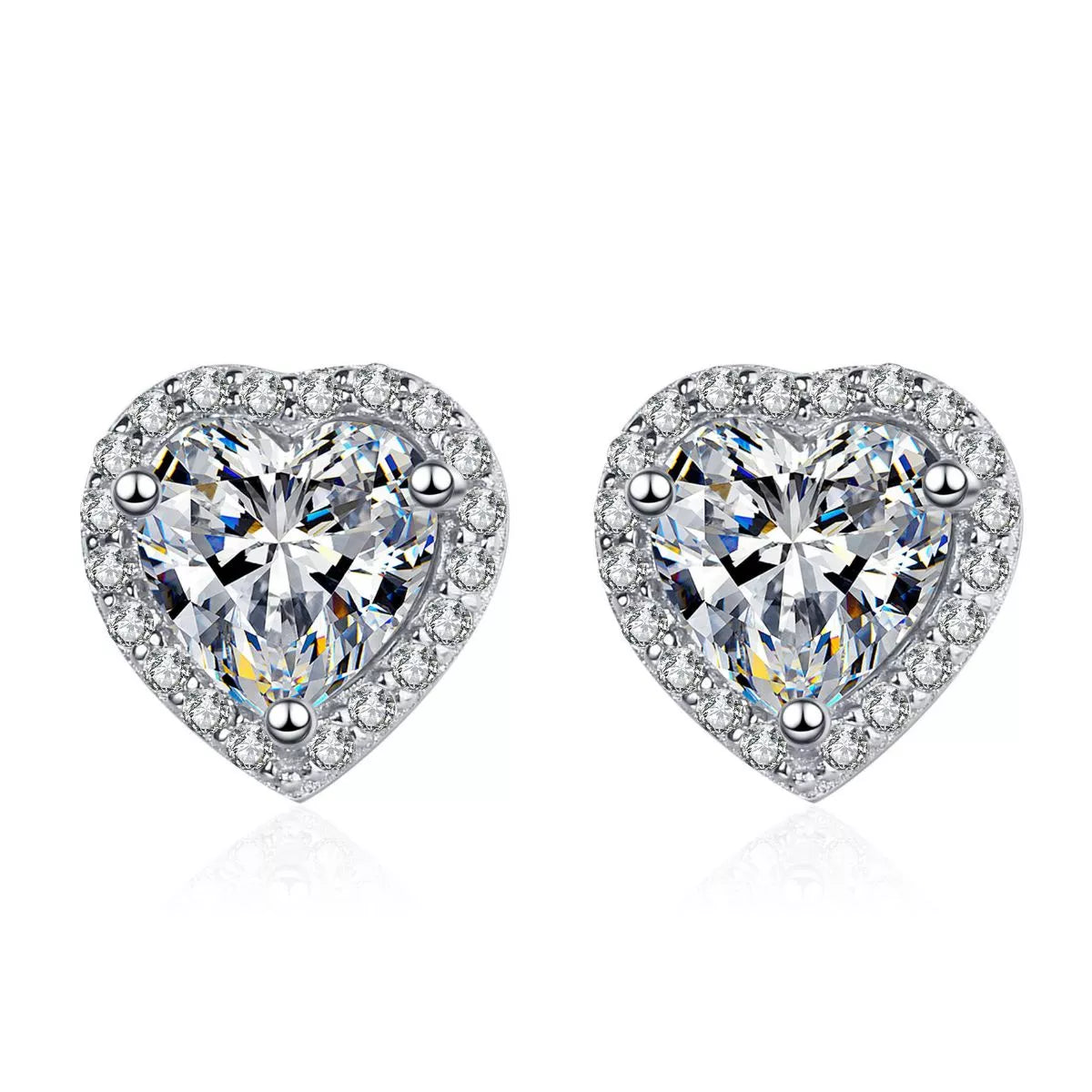 Heart-shaped clear stone halo stud earrings — detail view