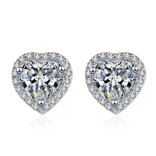 Heart-shaped clear stone halo stud earrings — detail view