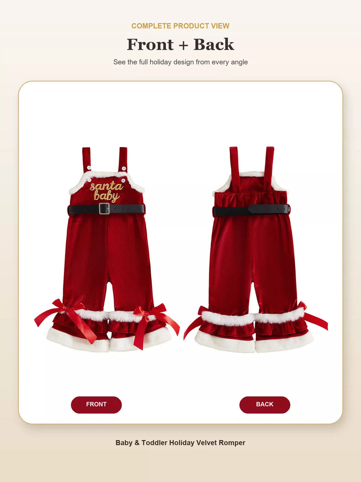 Front and back views of red Santa Baby Christmas overalls with white leg trim.