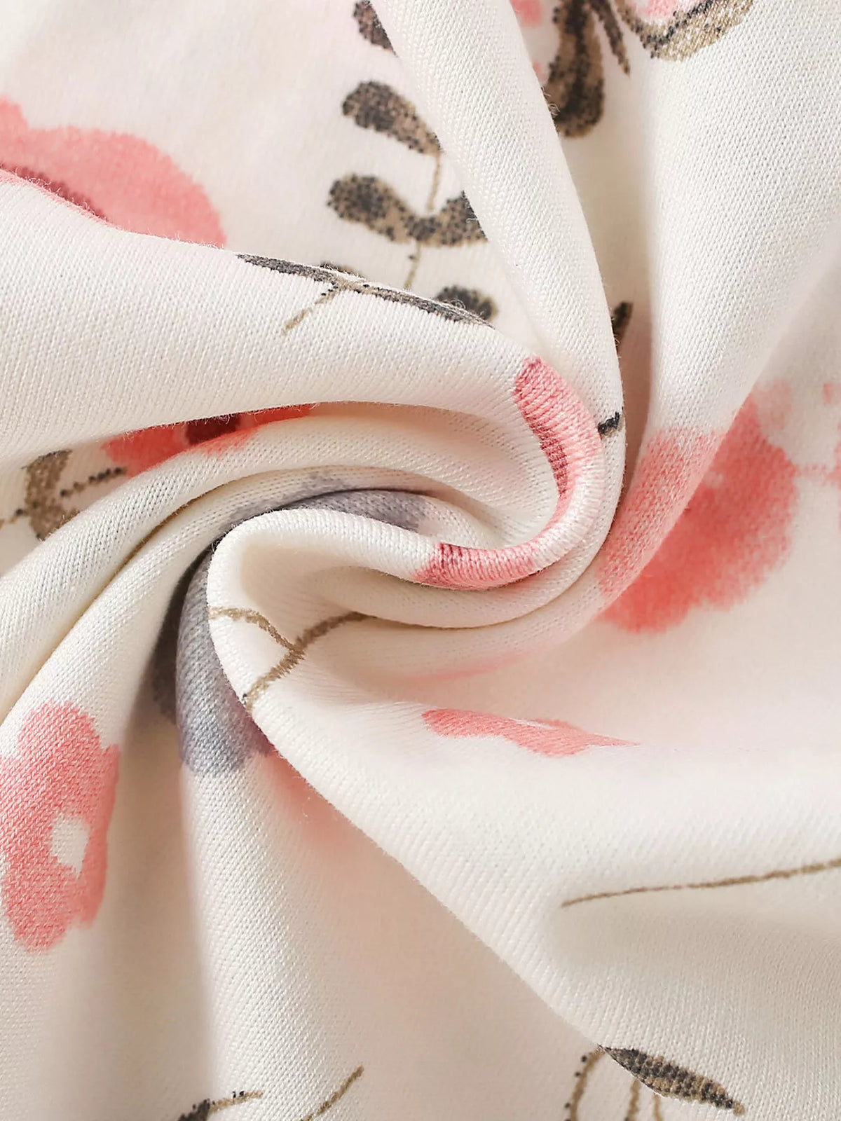 Pink and gray floral print on cream sweatshirt fabric