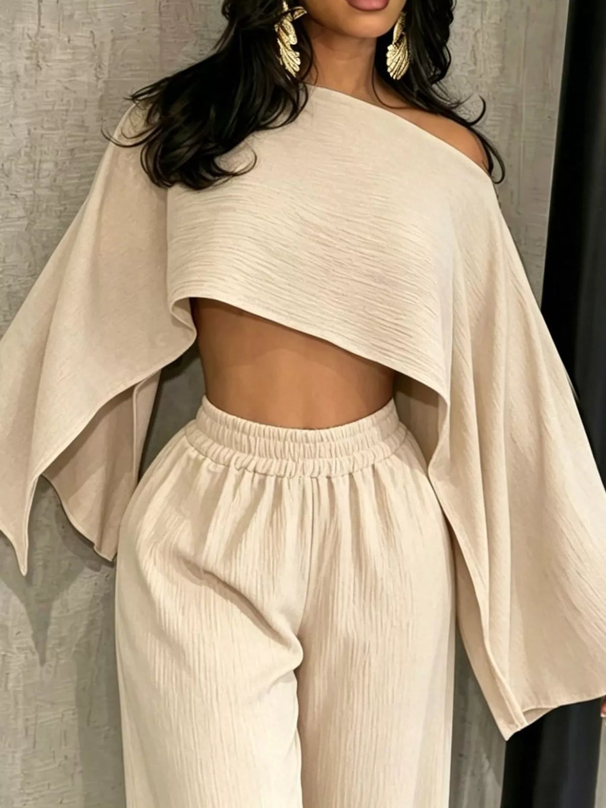 Cream boat Neck Crop Top and Wide-Leg Pants Set