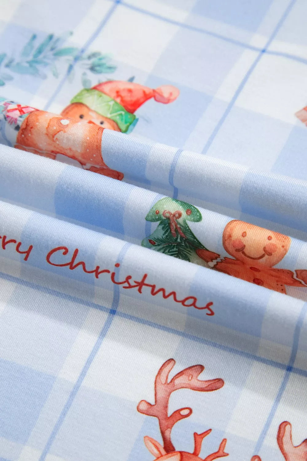 Light blue plaid Cartoon Christmas Pattern Shirt Top 2pcs Pajama Set — detail view