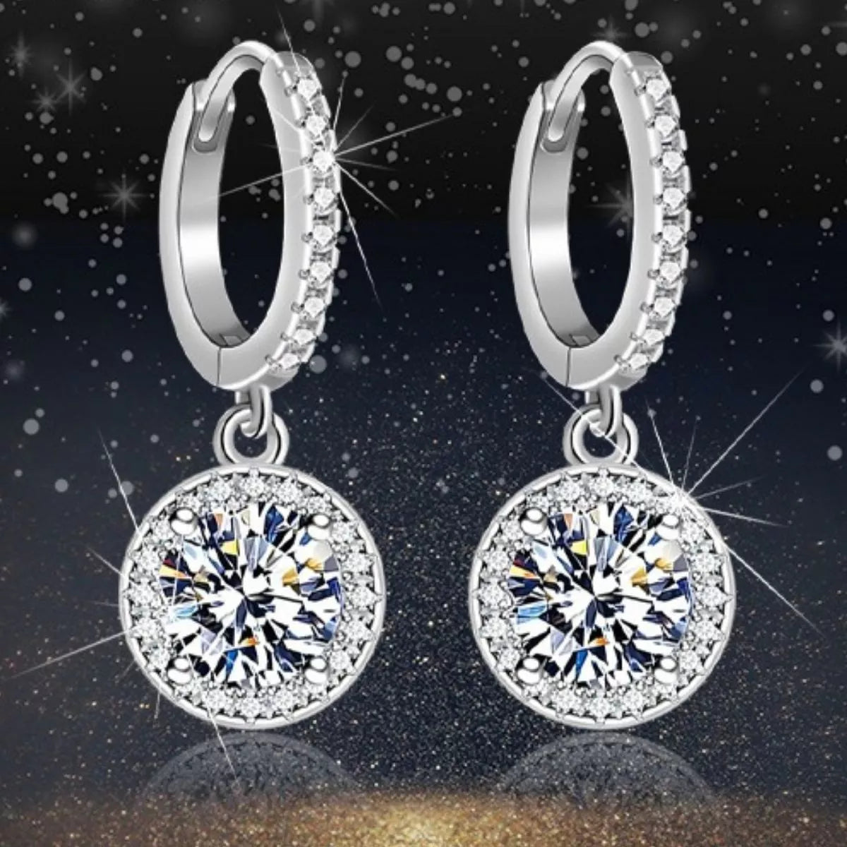 Silver-tone hoop earrings with round halo stone drops — detail view