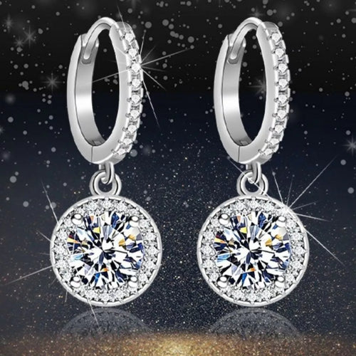 Silver-tone hoop earrings with round halo stone drops — detail view