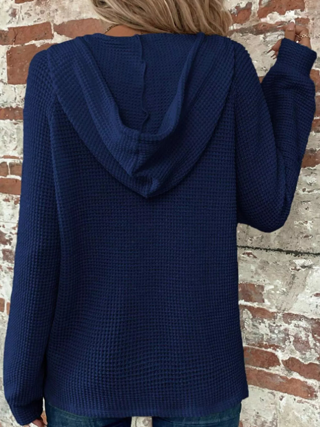 Navy waffle Knit Button Detail Hoodie — back view