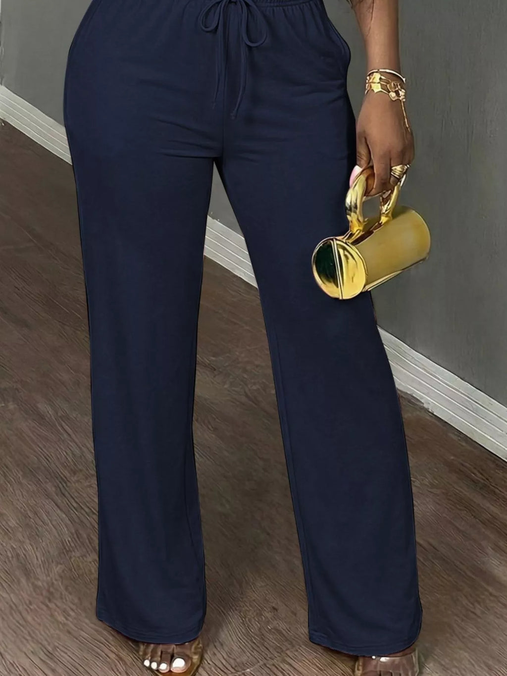 Navy short Sleeve Top and Wide Leg Pants Set — detail view