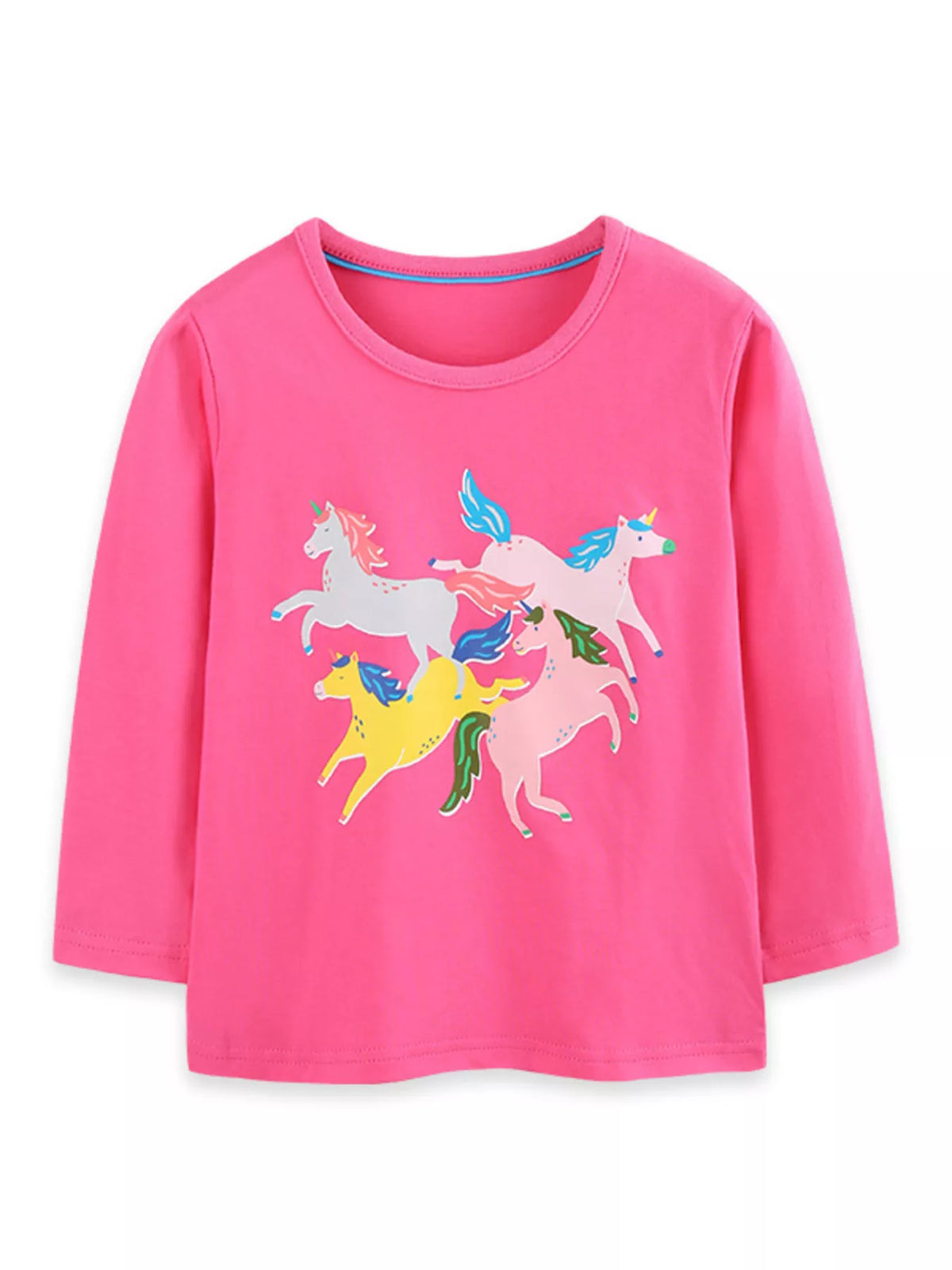 Children’s pink long-sleeve T-shirt with colorful unicorn graphics displayed flat