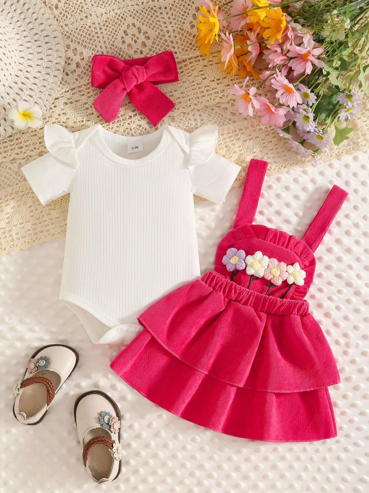 White bodysuit displayed beside the bright pink tiered suspender skirt and headband.