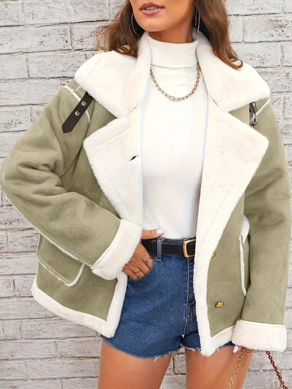 Matcha-green jacket with wide white plush lapels, contrast trim and front pockets, front view modeled with a hand at the hip.