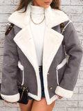 Dark-gray jacket with wide white plush lapels, contrast trim and front pockets, front view.