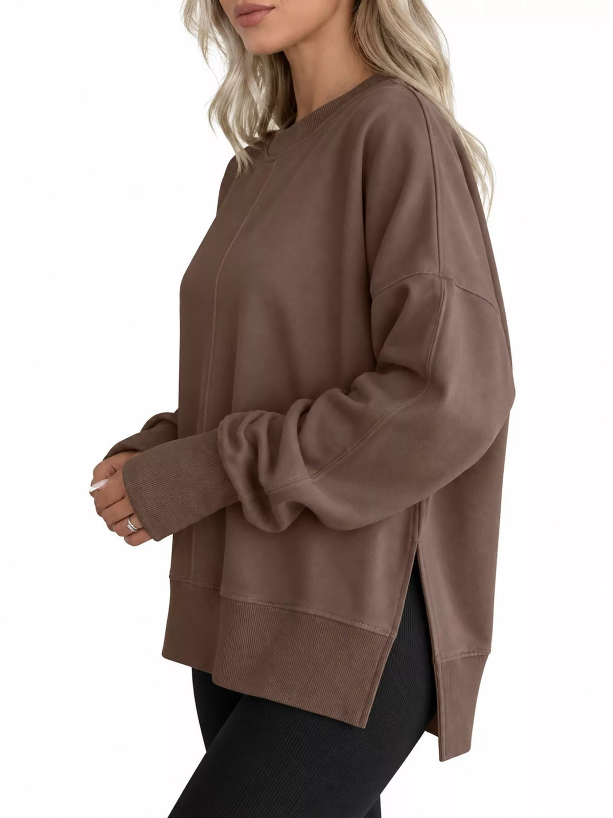 Brown oversized Crew Neck Sweatshirt with Side Slit