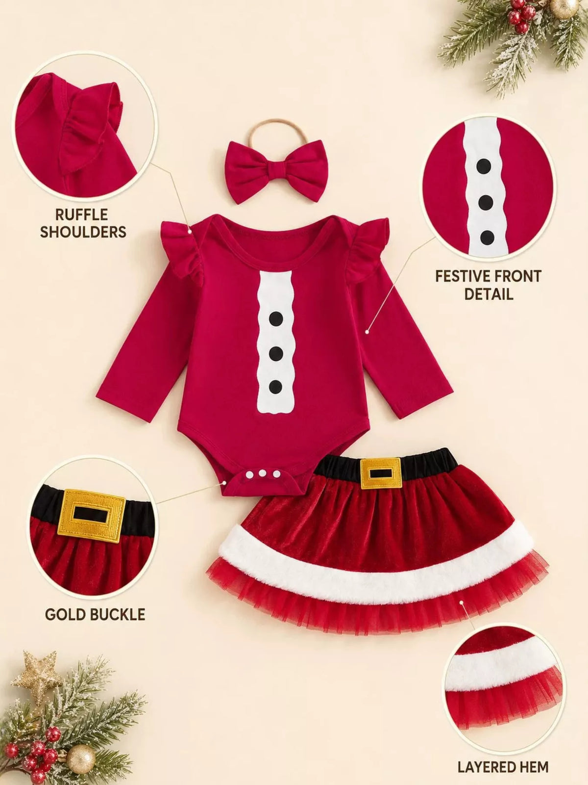 Red Santa baby outfit with inset views of ruffle shoulders, front buttons, gold-tone buckle and layered hem.