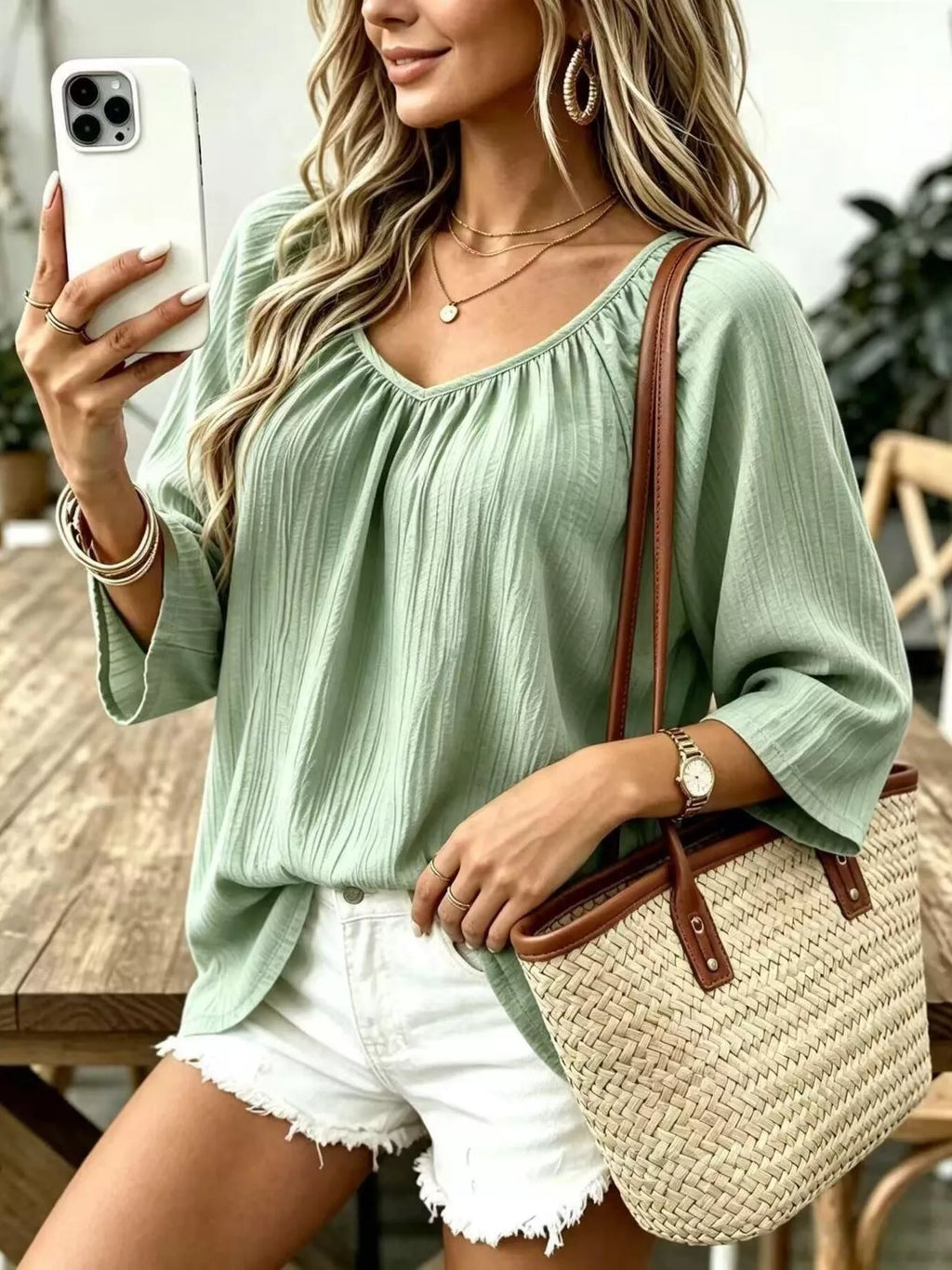 Sage green textured V-Neck T-Shirt