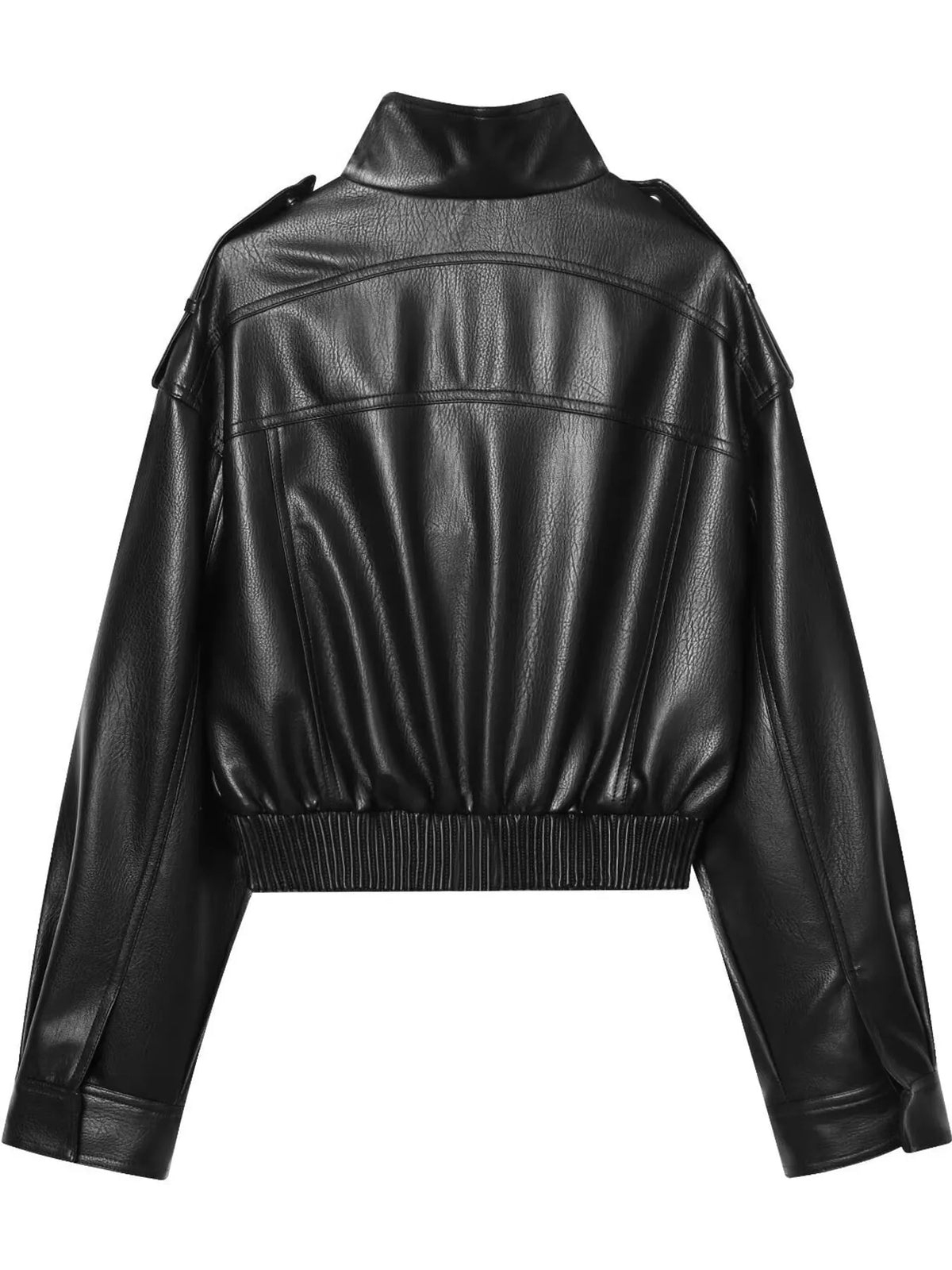Rear view of the black jacket's gathered hem and shoulder seams.