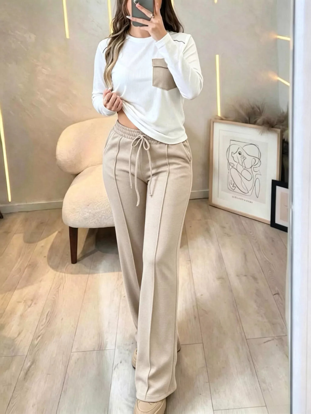 Cream and beige long Sleeve Pocket Top and Wide-Leg Drawstring Pants Set — back view