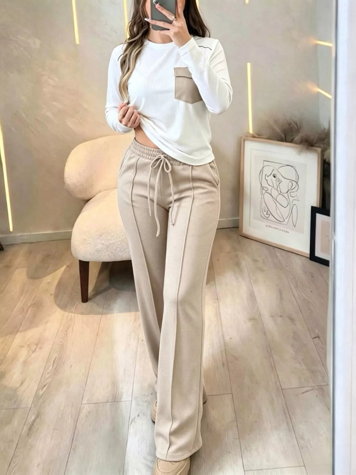 Cream and beige long Sleeve Pocket Top and Wide-Leg Drawstring Pants Set — back view
