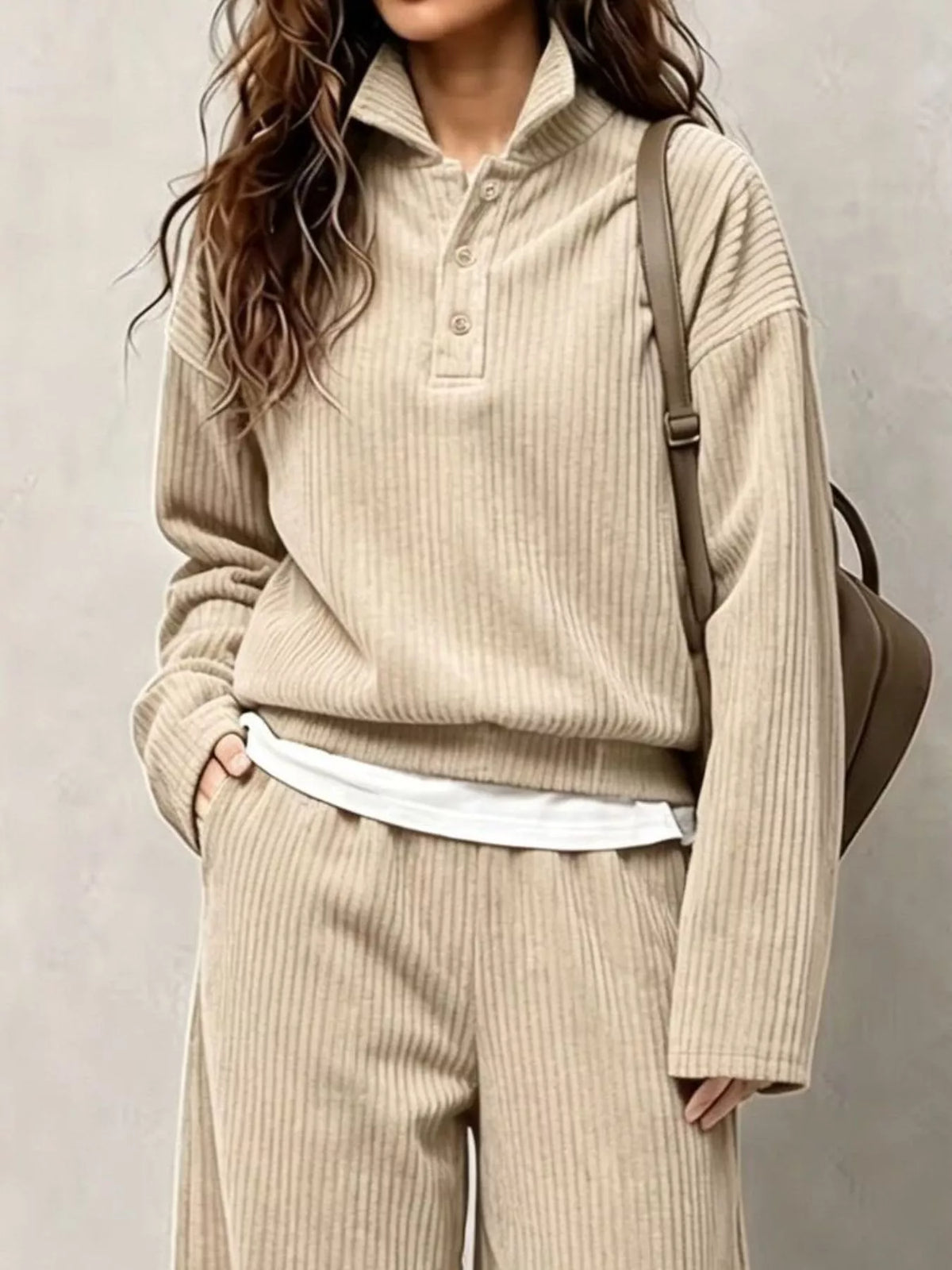 Beige corduroy Button Detail Top and Wide-Leg Pants Set