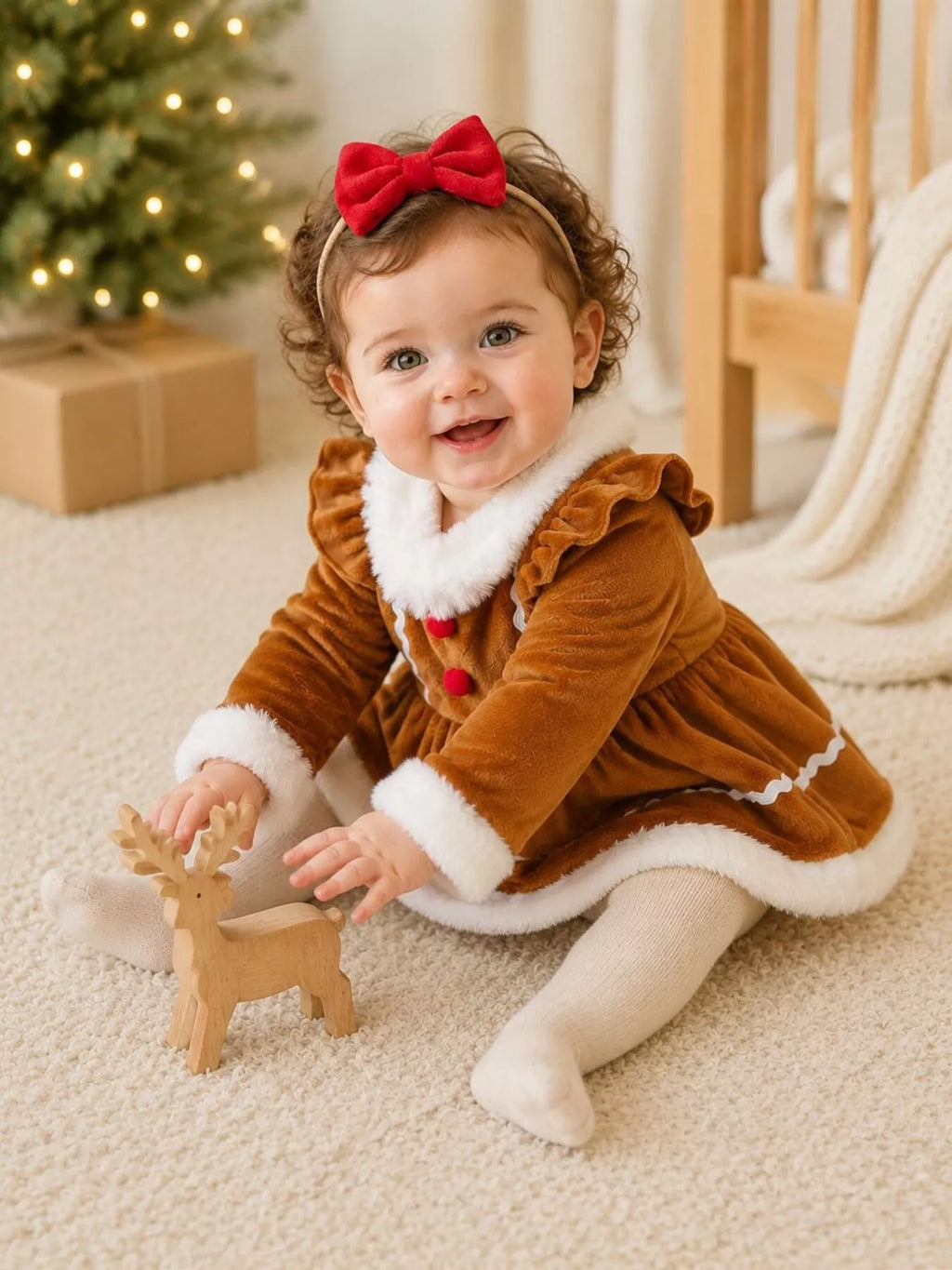 Baby modeling a brown long-sleeve dress with white collar, trim and red decorative buttons.
