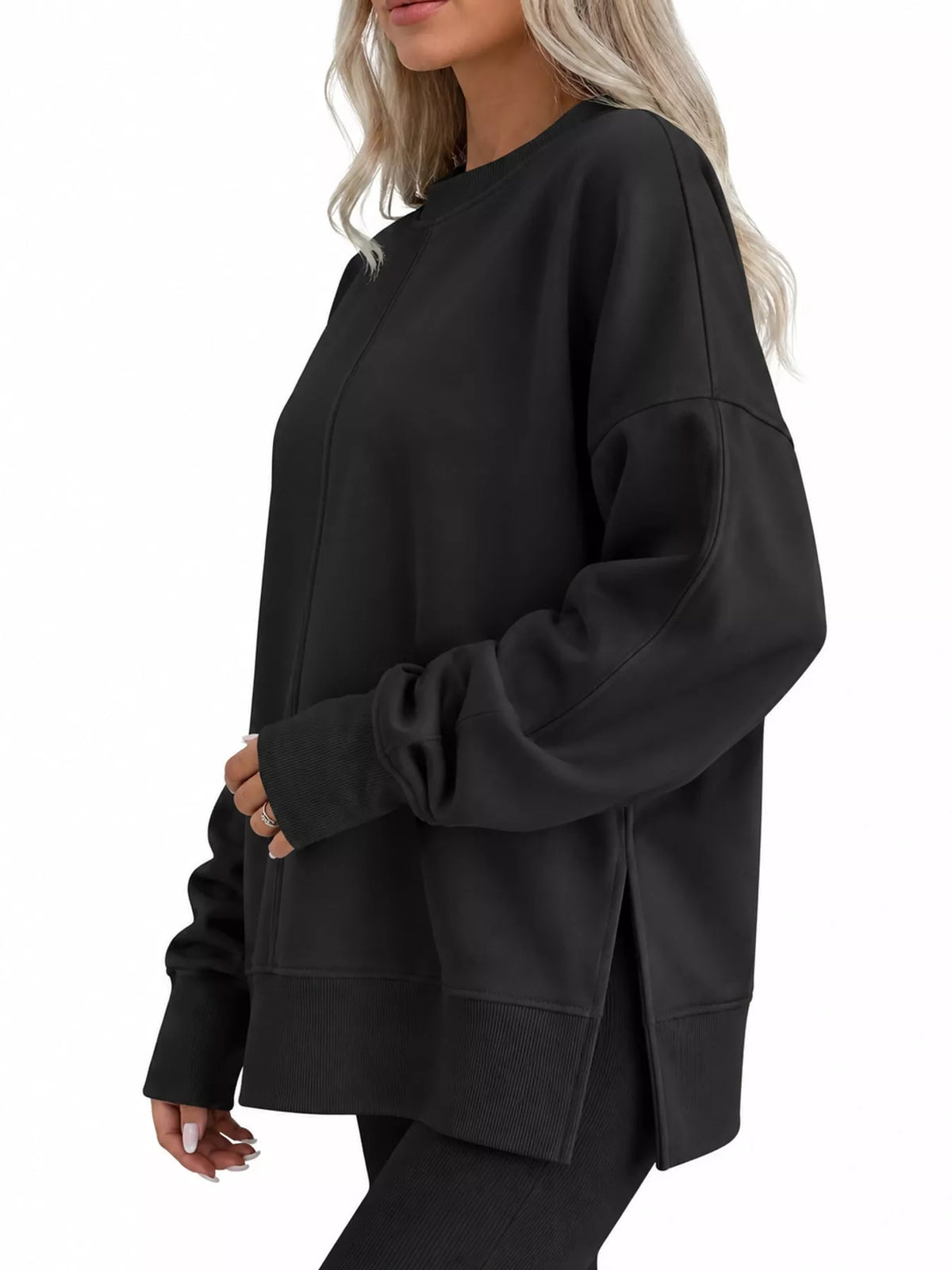Black oversized Crew Neck Sweatshirt with Side Slit