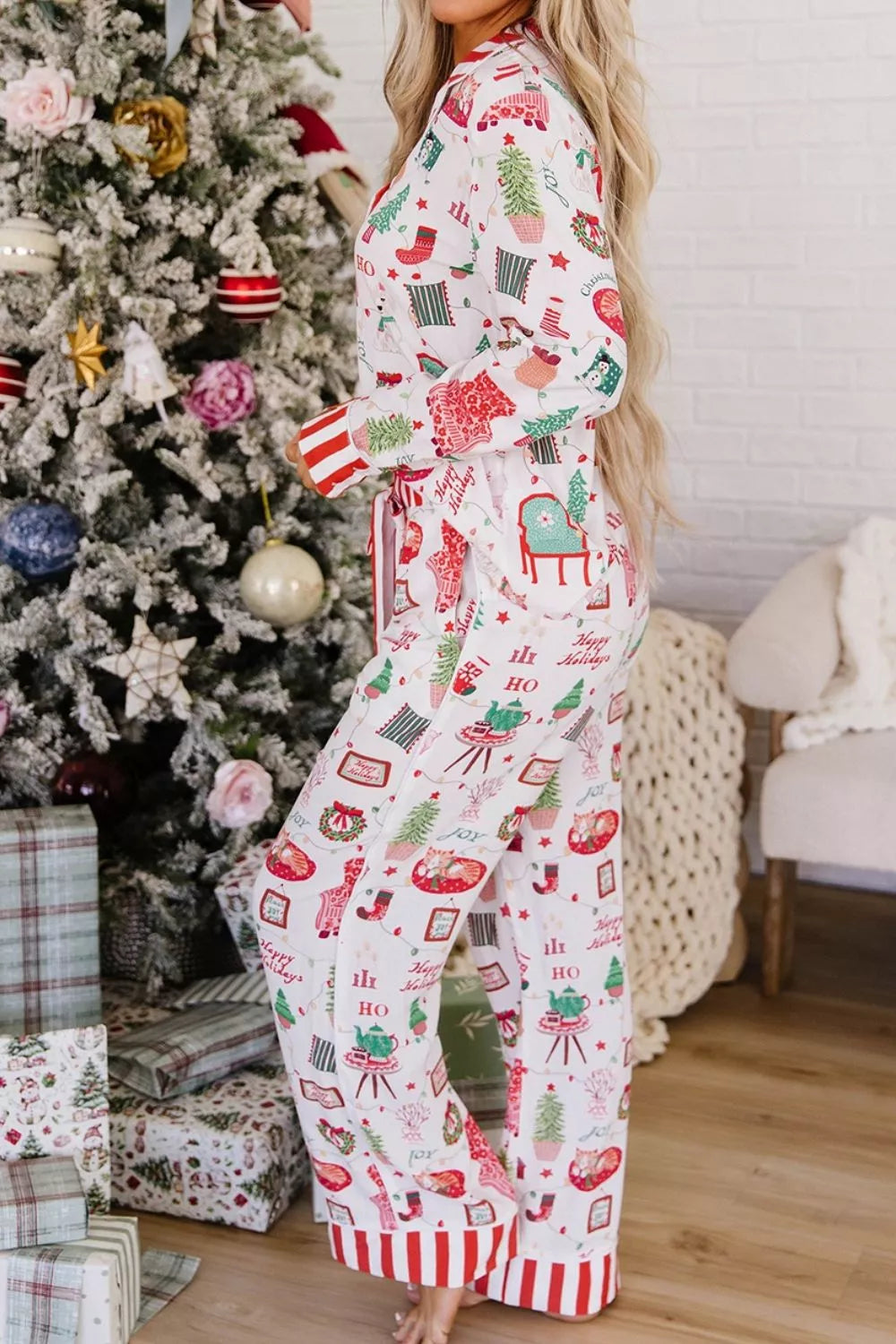 White striped Holiday Long Sleeve Two Piece Shift Home Wear Lounge Set