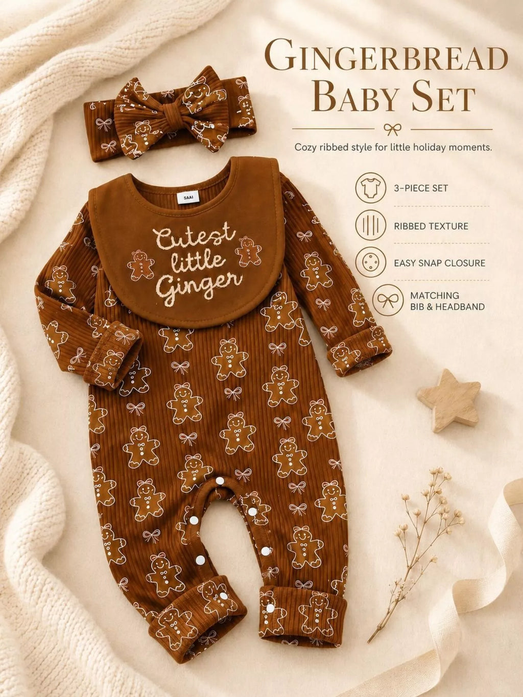 Brown gingerbread baby set with Cutest Little Ginger bib displayed on cream fabric.