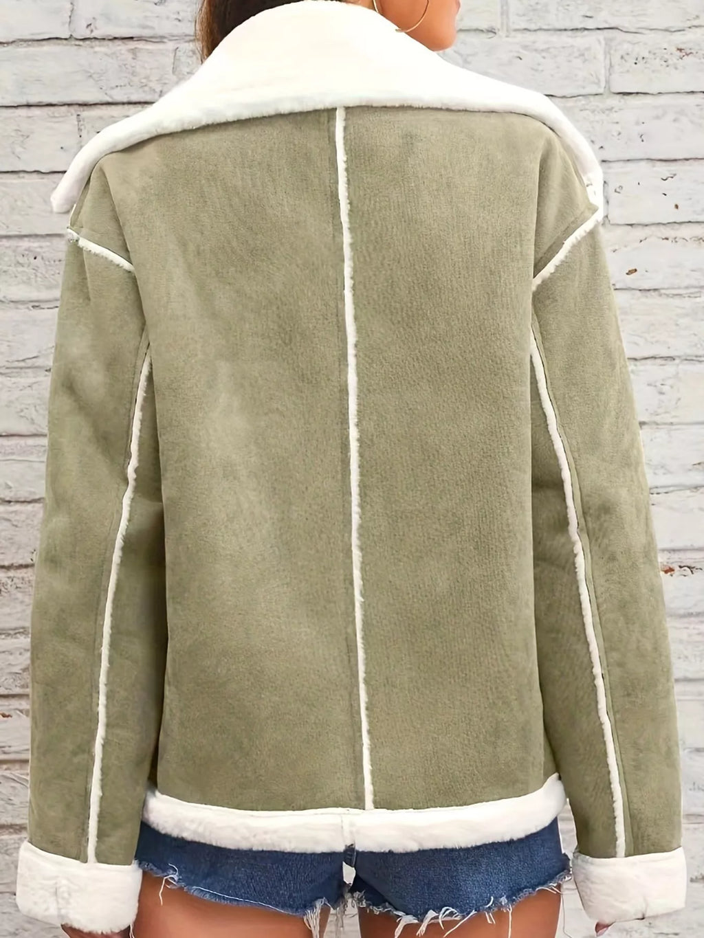 Matcha-green jacket with wide white plush lapels, contrast trim and front pockets, back view.