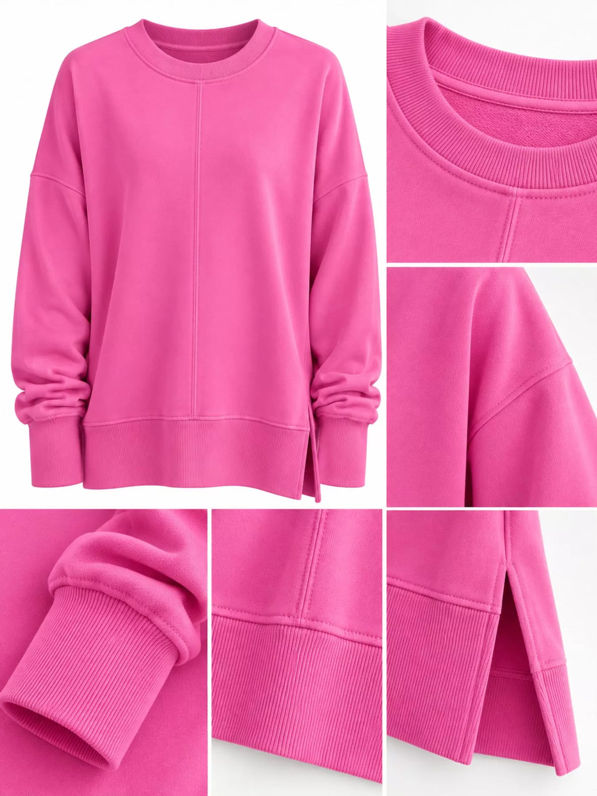 Hot pink oversized Crew Neck Sweatshirt with Side Slit — detail view